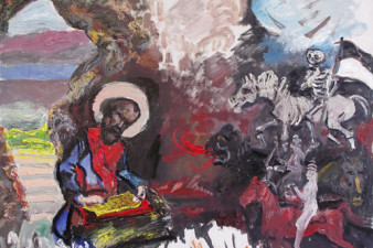 Святой Апостол Иоанн Златоуст в пещере пишет листы Апокалипсиса. 2008. Холст, масло. 100х120
